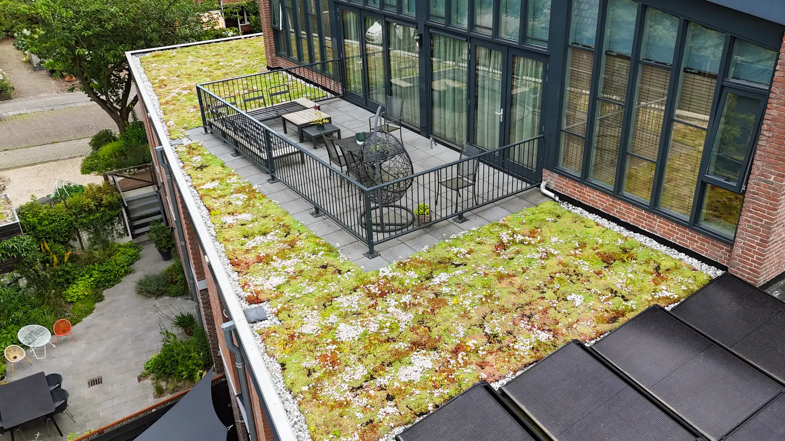 Dachbegrünung auf einem Ausbau mit Terrasse
